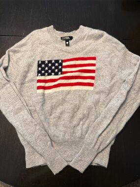 Aqua Heather Gray cashmere Crewneck Sweater with American Flag